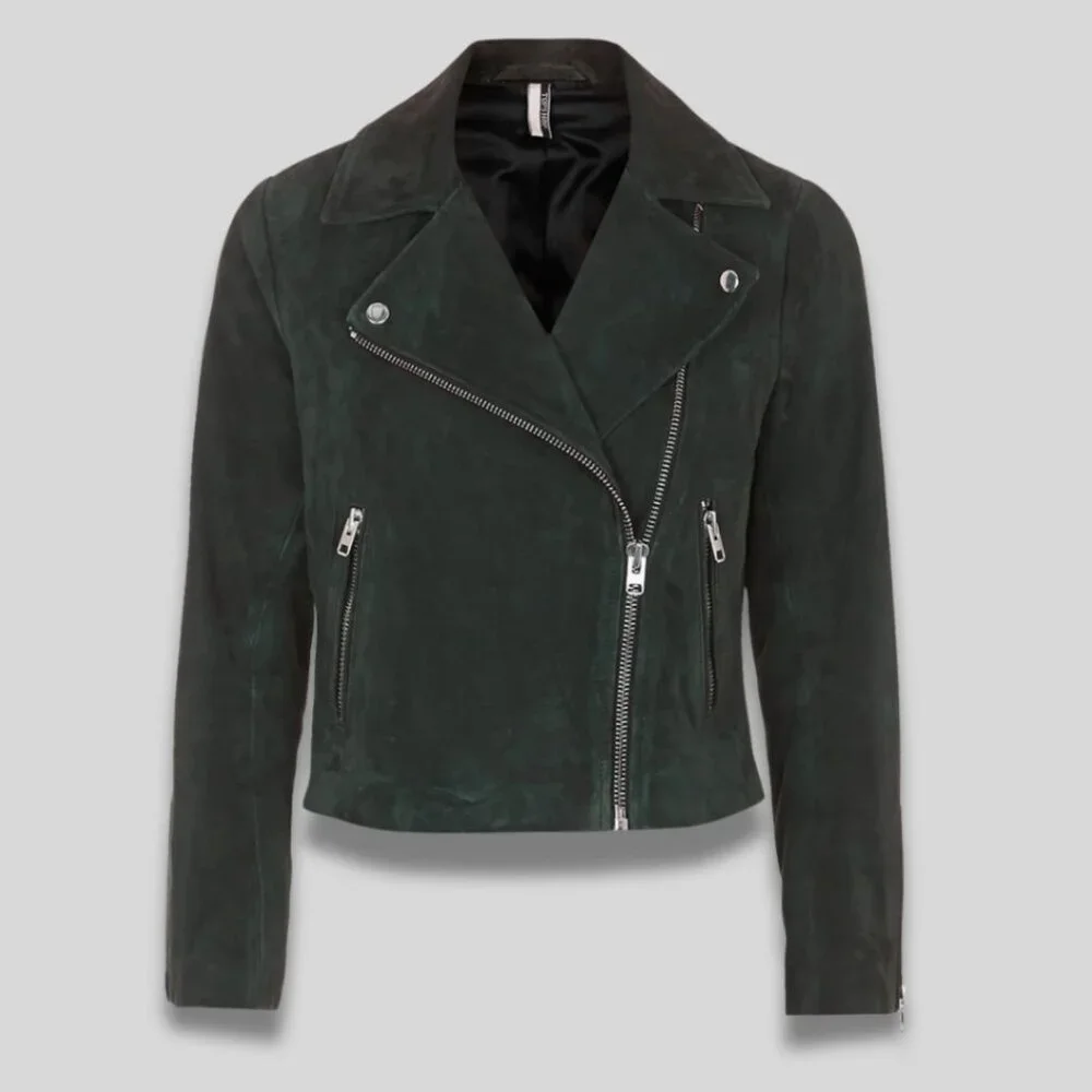 TOPSHOP Suede Caddy Moto Jacket Dark Green Size US 2 - Picture 1 of 11
